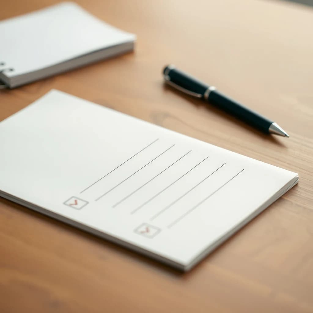 A checklist notepad with each line marked off, next to a pen on a wooden desk.