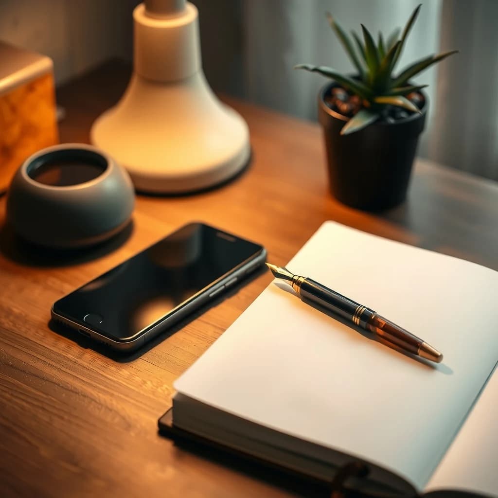A phone and an open notebook with a pen, ready on a warm desk under lamplight.