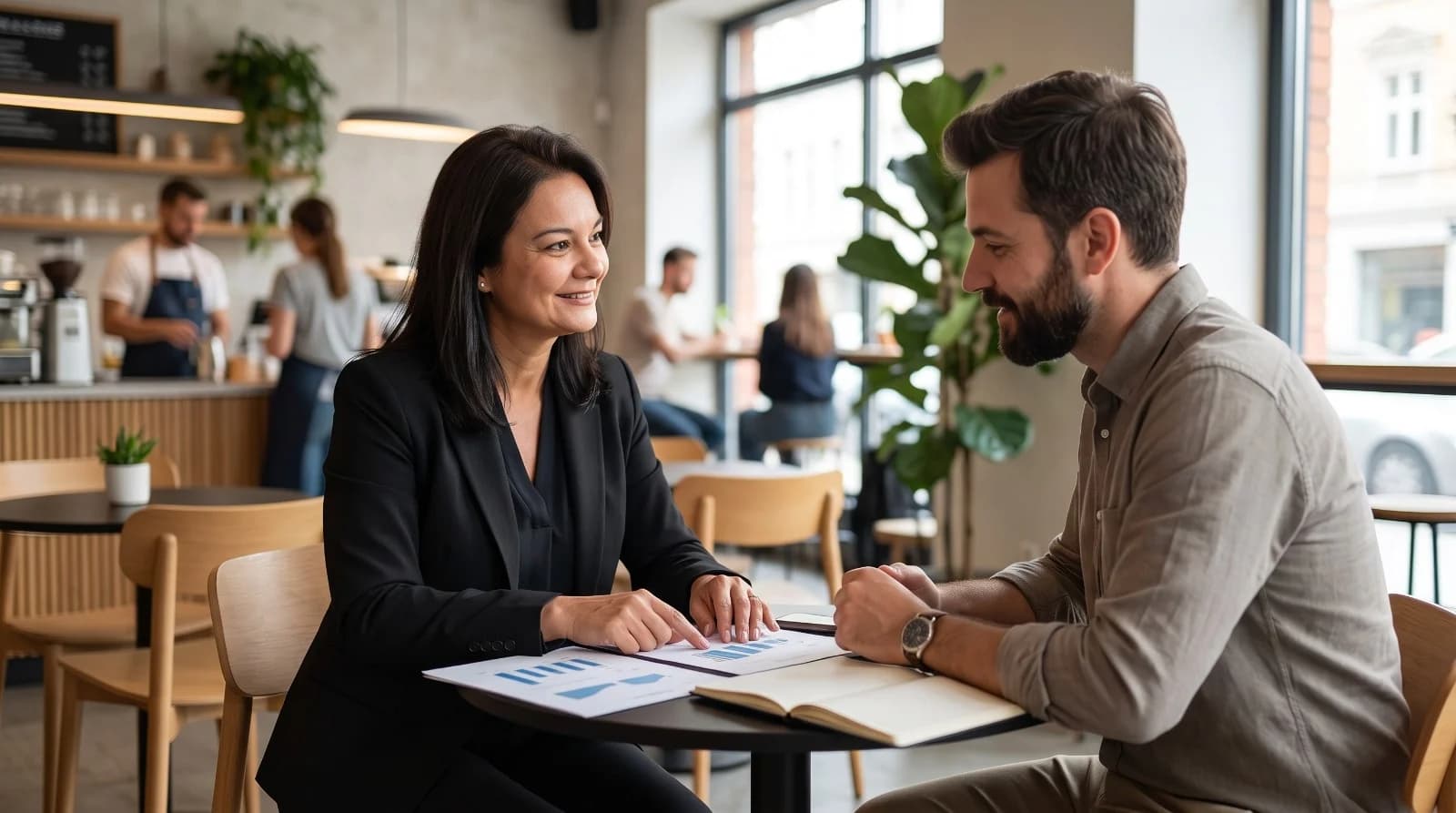 Two small business owners reviewing paperwork together in a bright workshop.