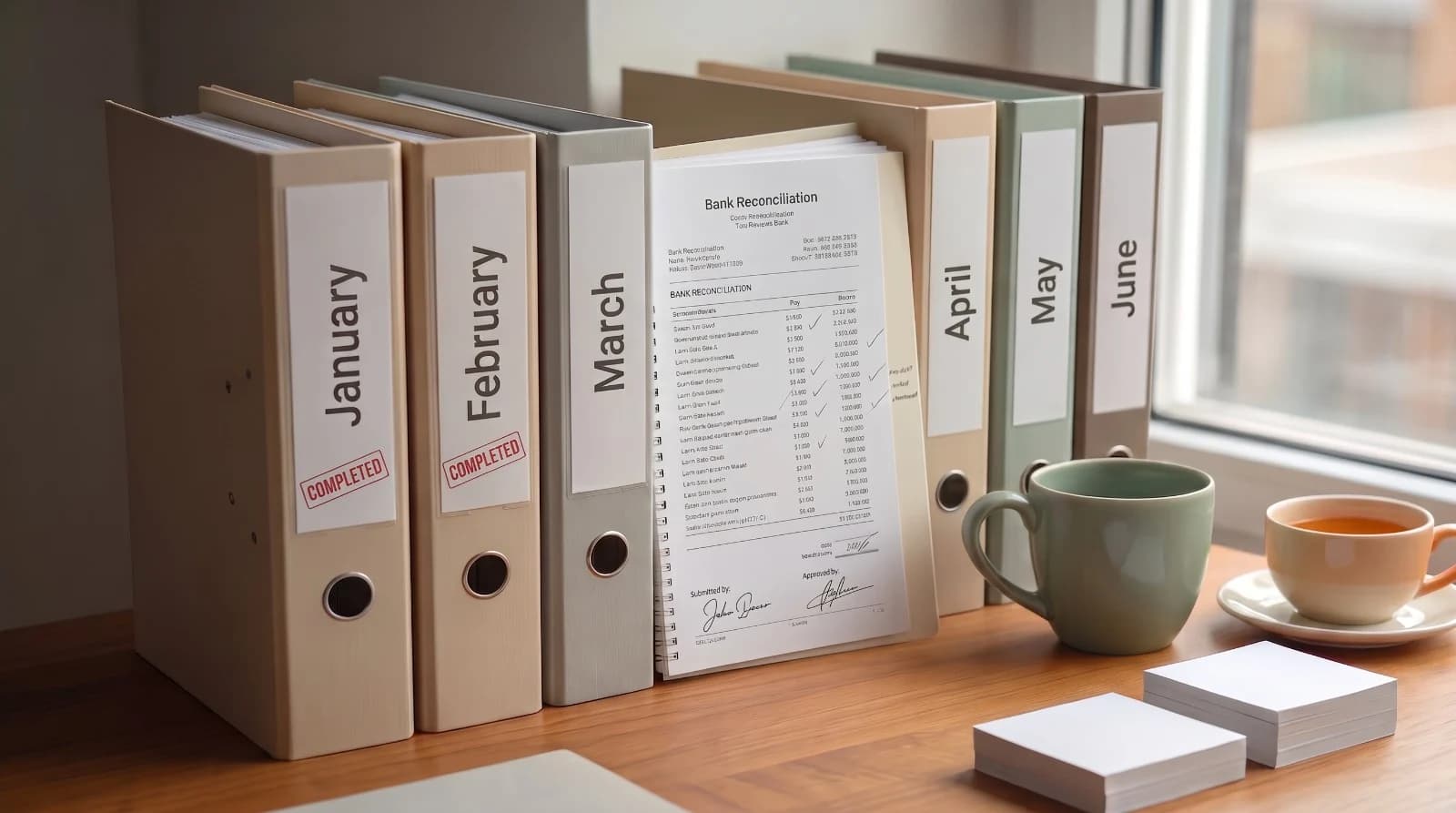 A row of monthly binders from January to June, several marked complete, with a bank reconciliation report.