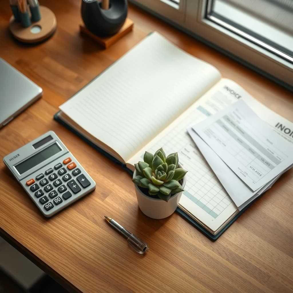 A small business desk with a ledger, calculator, invoices, and a small succulent.