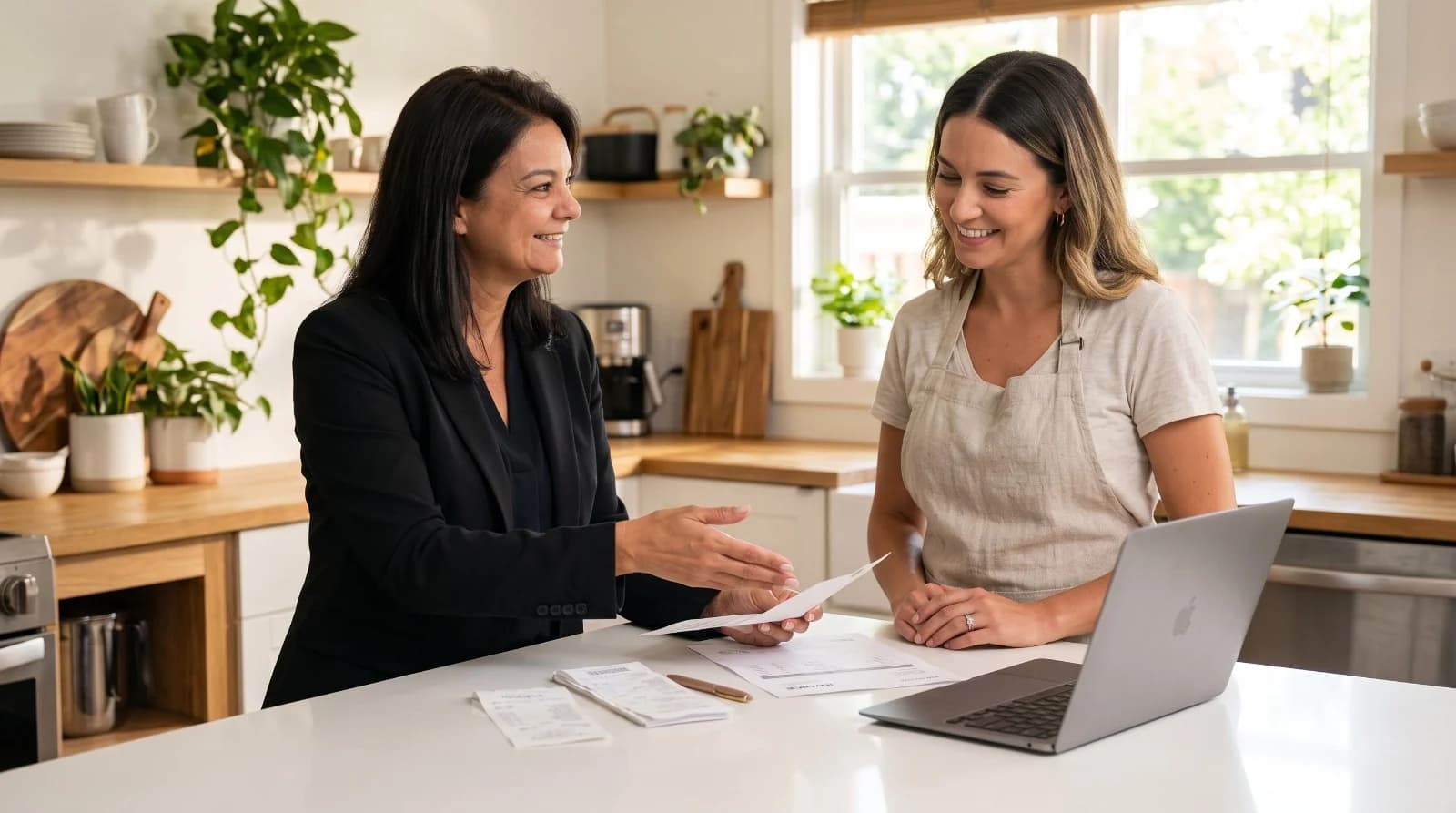 Michelle handing a document to a client at a kitchen counter, going over paperwork together.