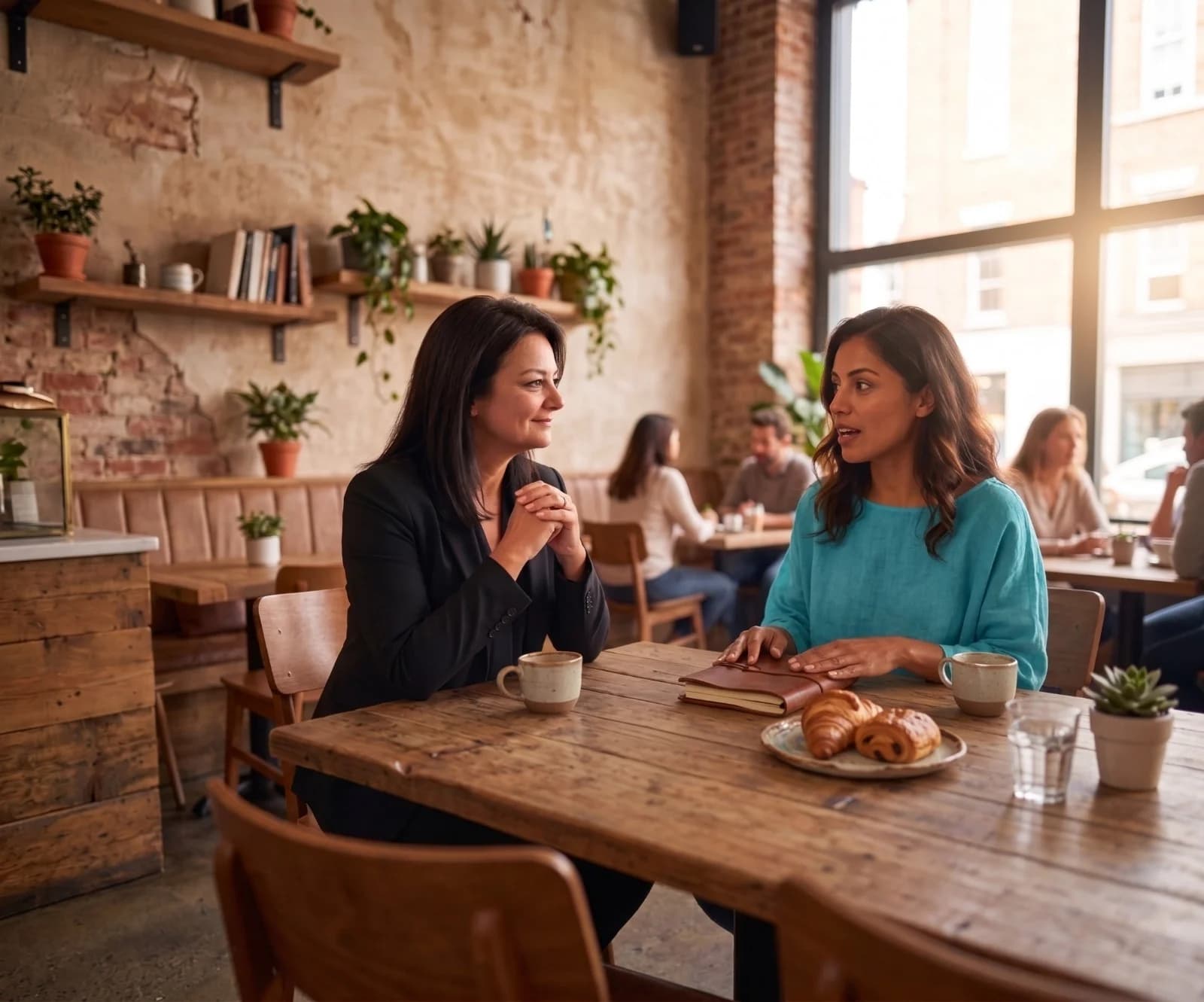 Michelle talking with a client over coffee at a café table.