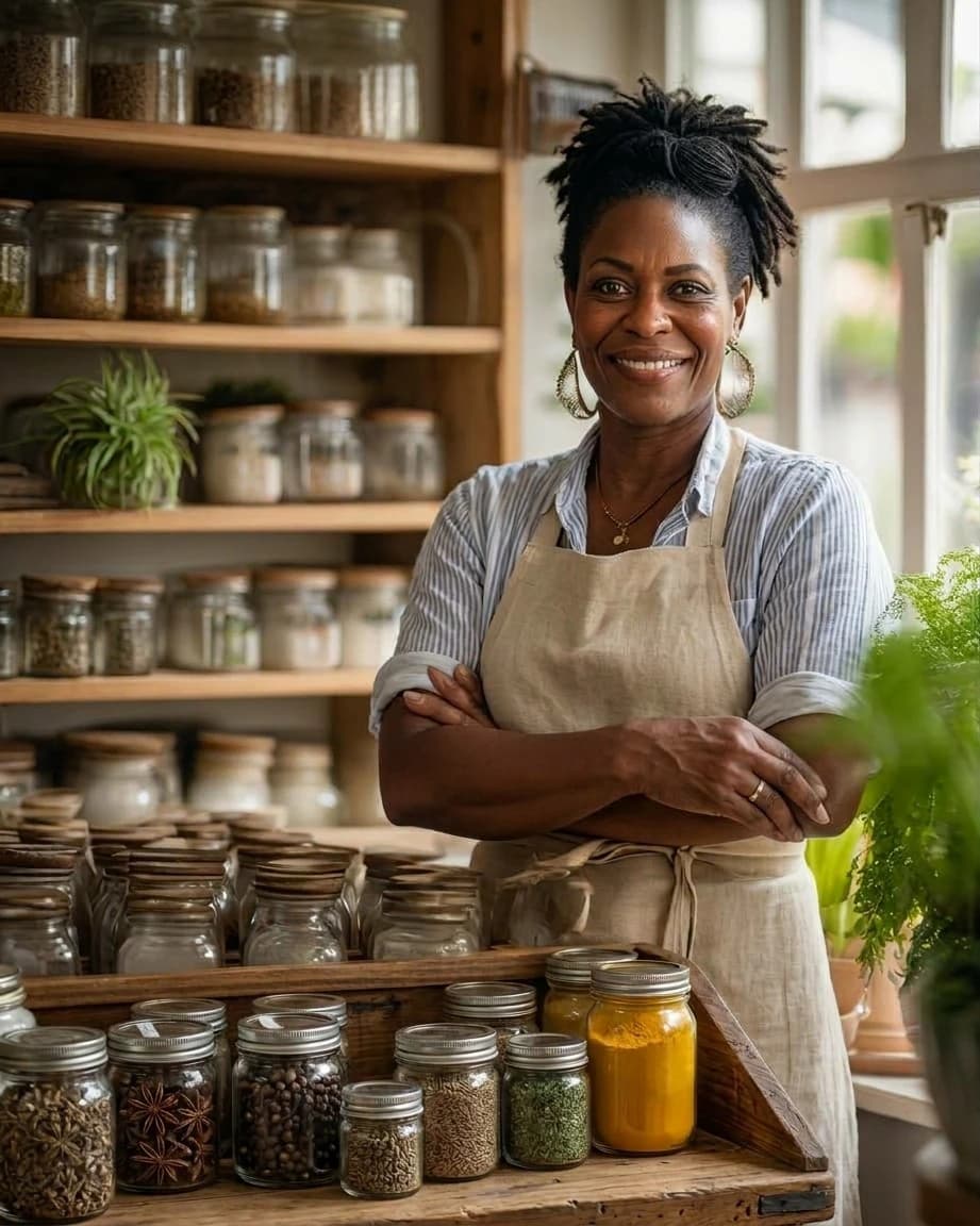 A small business owner at the counter of a bright neighbourhood shop.