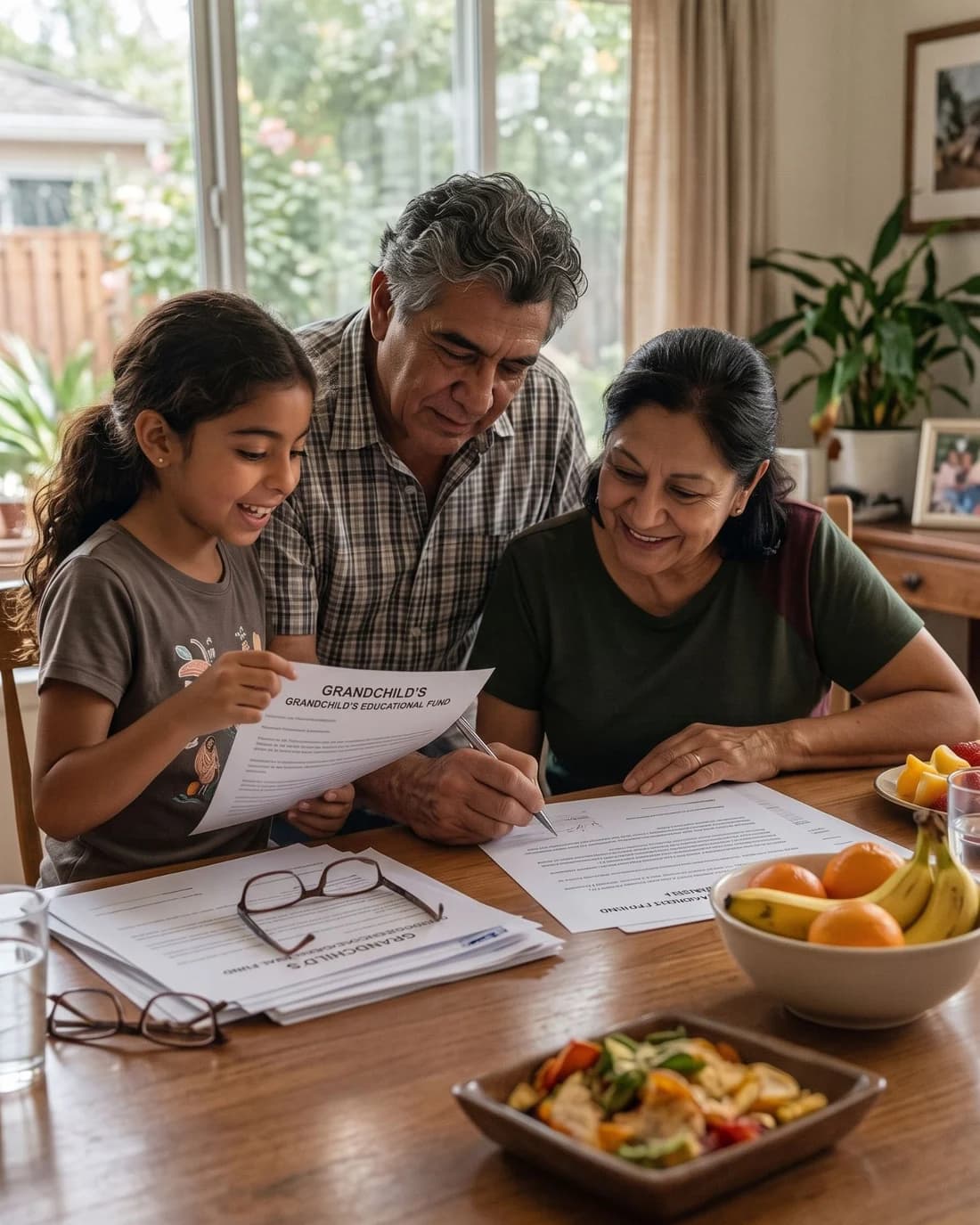 A multigenerational family reviewing paperwork together at a dining table.