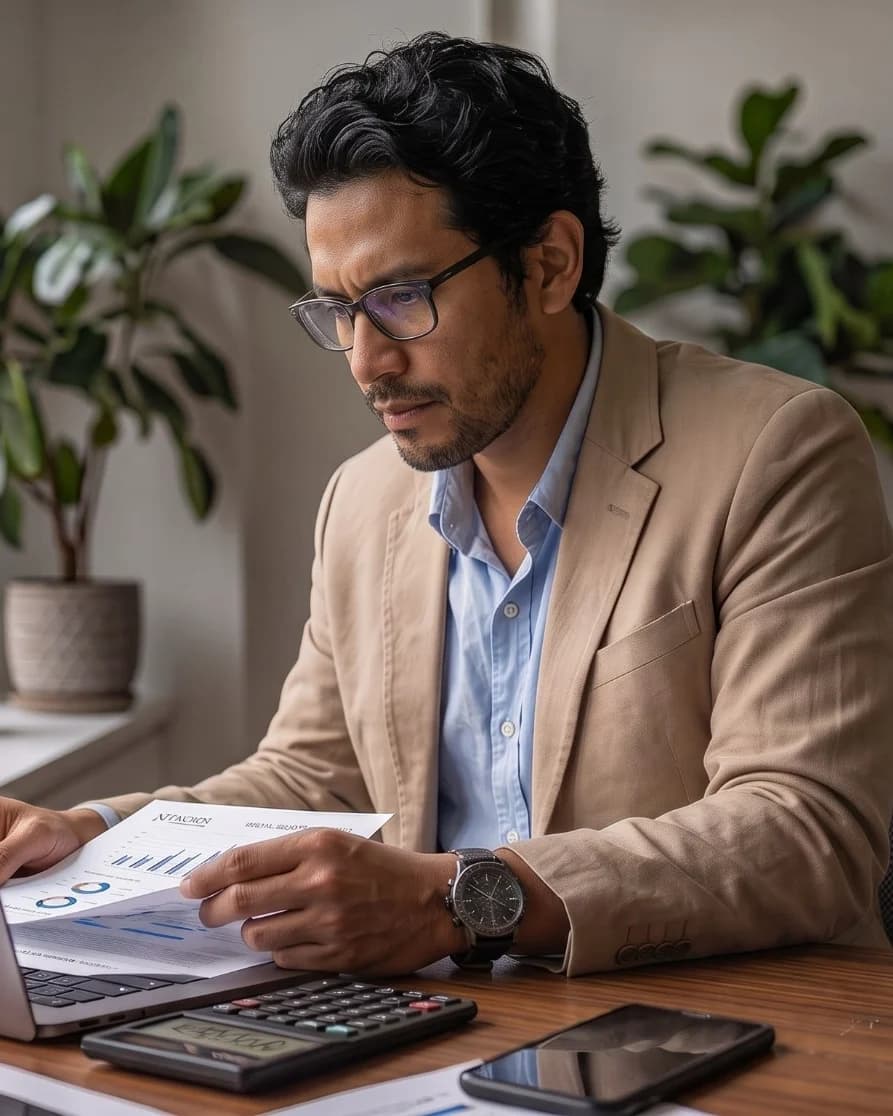 A business owner reviewing payroll records on a laptop at a bright office desk.
